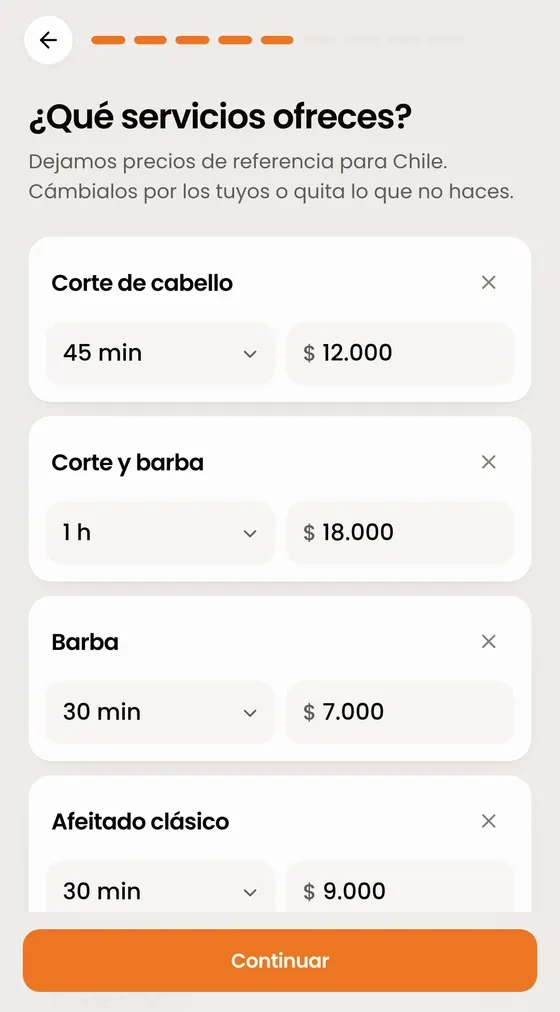 Tus servicios ya vienen con precios de referencia para Chile. Cambia el nombre, el precio o la duración, y quita lo que no haces.