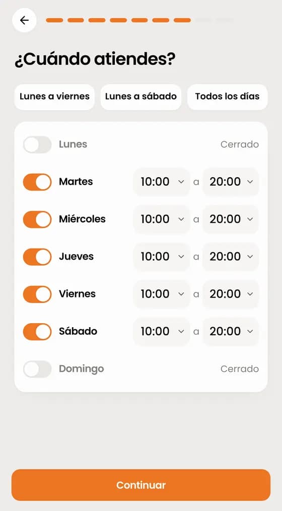 Marca los días y el horario en que atiendes.