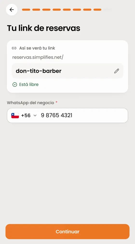 Revisa tu link de reservas y agrega el WhatsApp del negocio.
