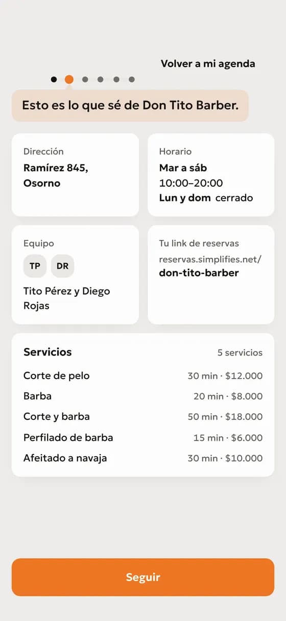 Revisa «Esto es lo que sé de …»: dirección, horario, equipo, tu link y tus servicios con precio.