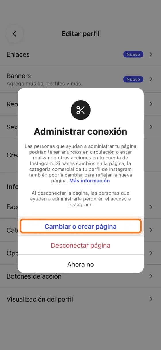 Toca «Cambiar o crear página» y elige la página de tu negocio, o crea una ahí mismo con tu cuenta de Facebook.